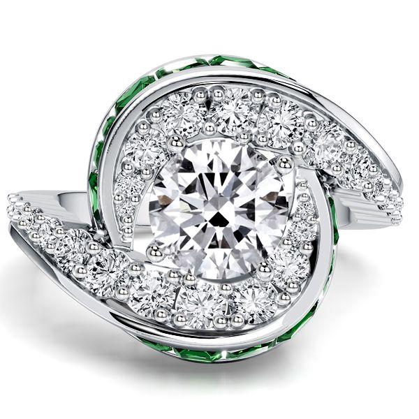 Halo Round Cut Emerald & White Sapphire Engagement Ring in Sterling Silver