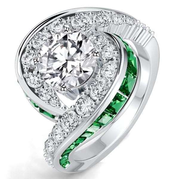 Halo Round Cut Emerald & White Sapphire Engagement Ring in Sterling Silver