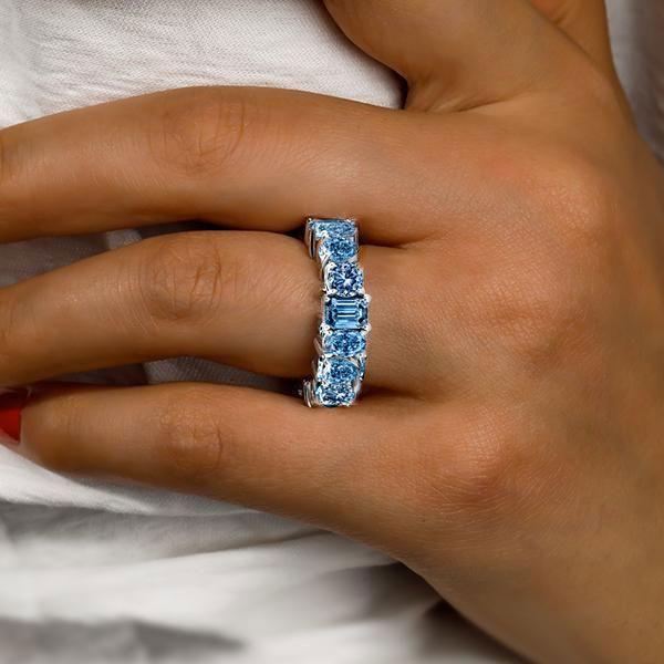 Blue Topaz Eternity Wedding Band - 925 Sterling Silver Multi-Cut Ring