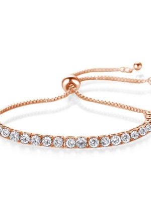 Rose Gold Round Cut CZ Bracelet - 18K Plated Sterling Silver, 7 Inch