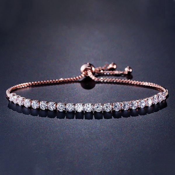 Rose Gold Round Cut CZ Bracelet - 18K Plated Sterling Silver, 7 Inch