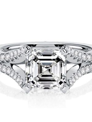 Split Shank Asscher Cut Engagement Ring in Rhodium Plated Sterling Silver