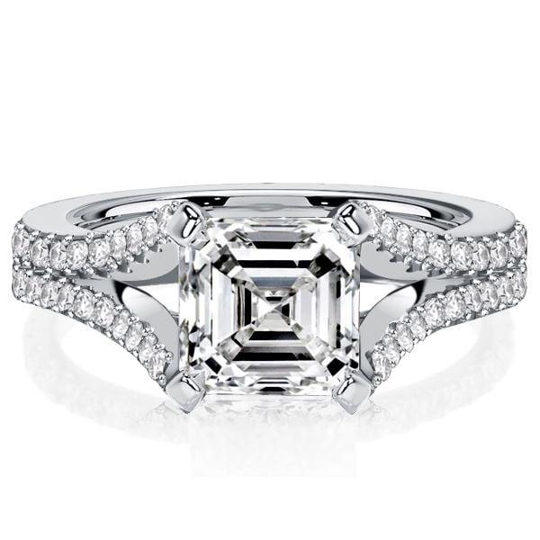 Split Shank Asscher Cut Engagement Ring in Rhodium Plated Sterling Silver