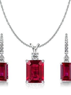 Sterling Silver Emerald Cut Ruby and Sapphire Earrings and Necklace Set