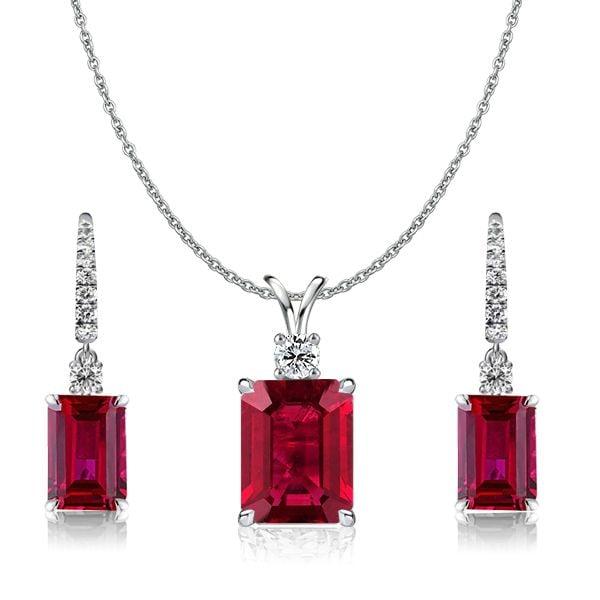 Sterling Silver Emerald Cut Ruby and Sapphire Earrings and Necklace Set