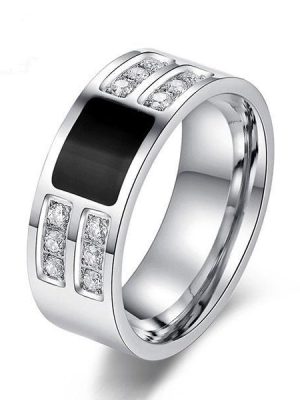White Sapphire Titanium Steel Wedding Band for Men - Silver & Black Comfort Fit Ring