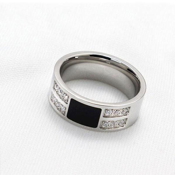 White Sapphire Titanium Steel Wedding Band for Men - Silver & Black Comfort Fit Ring