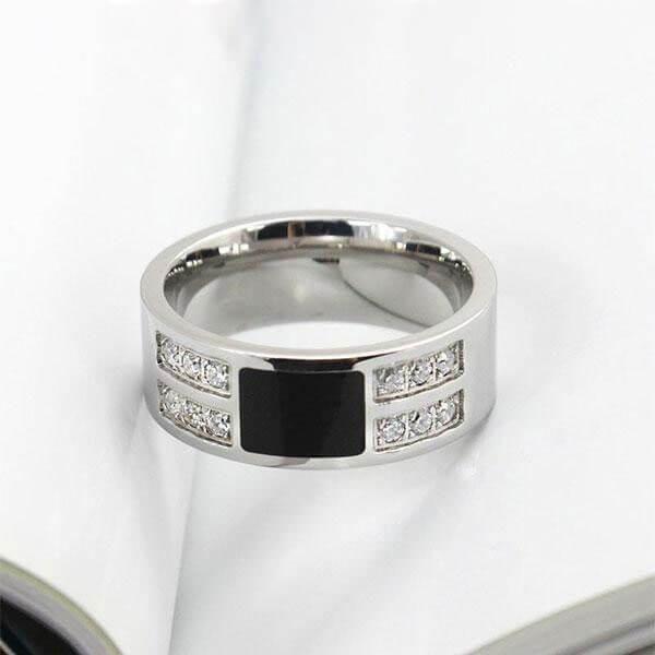 White Sapphire Titanium Steel Wedding Band for Men - Silver & Black Comfort Fit Ring
