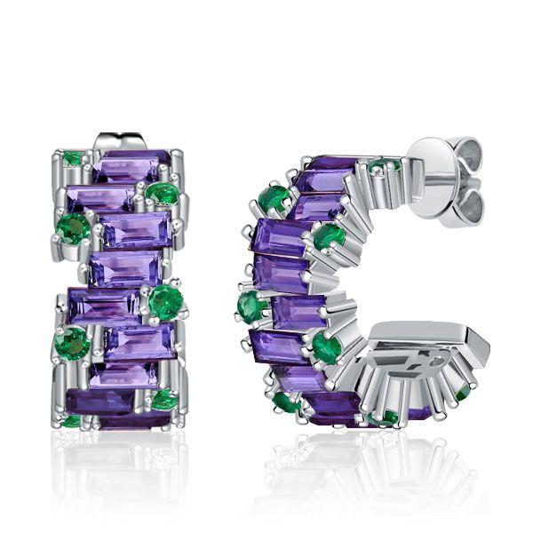Baguette Cut Amethyst Hoop Earrings - 925 Sterling Silver