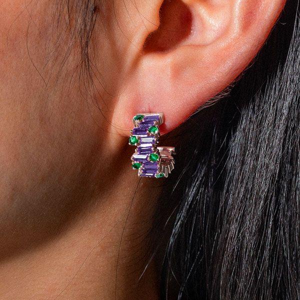Baguette Cut Amethyst Hoop Earrings - 925 Sterling Silver