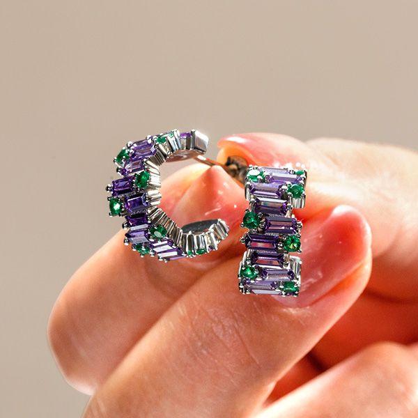 Baguette Cut Amethyst Hoop Earrings - 925 Sterling Silver
