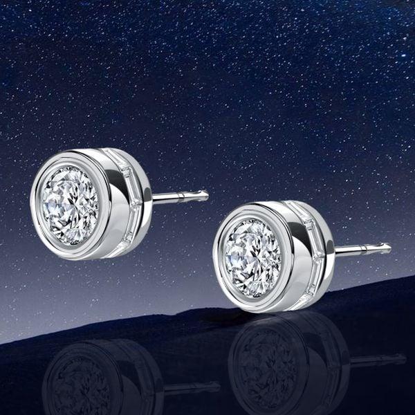 925 Sterling Silver Baguette Stud Earrings with Hidden Halo and Bezel Setting