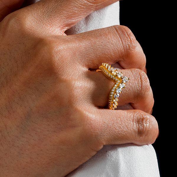 18K Gold Plated Sterling Silver V Shaped Wedding Band with 1.98 CT. TW. Stones