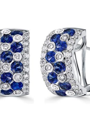Blue & White Sapphire Omega Hoop Earrings - Sterling Silver Vintage Style