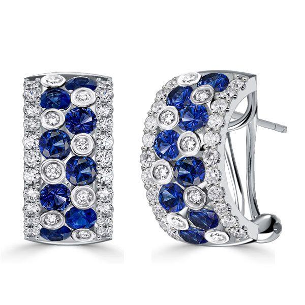 Blue & White Sapphire Omega Hoop Earrings - Sterling Silver Vintage Style