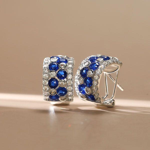 Blue & White Sapphire Omega Hoop Earrings - Sterling Silver Vintage Style