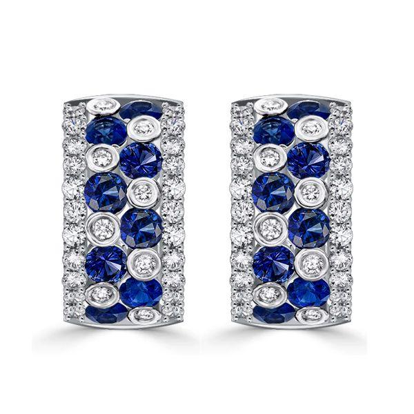 Blue & White Sapphire Omega Hoop Earrings - Sterling Silver Vintage Style