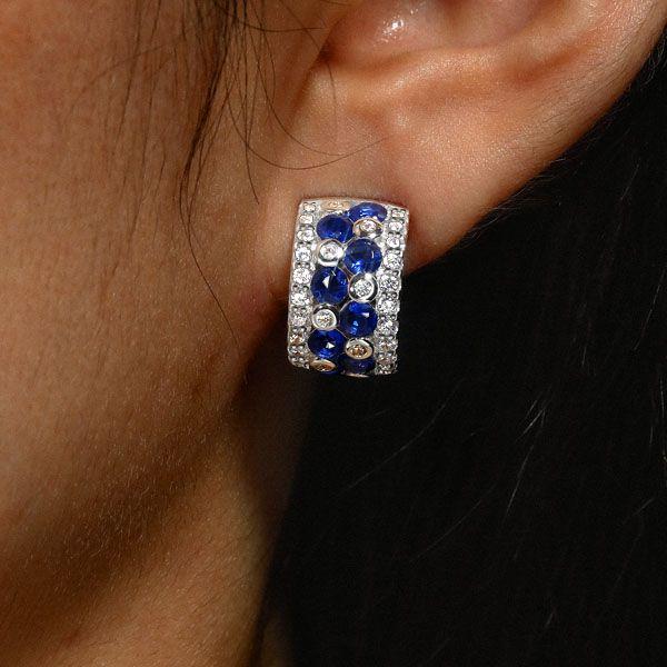 Blue & White Sapphire Omega Hoop Earrings - Sterling Silver Vintage Style