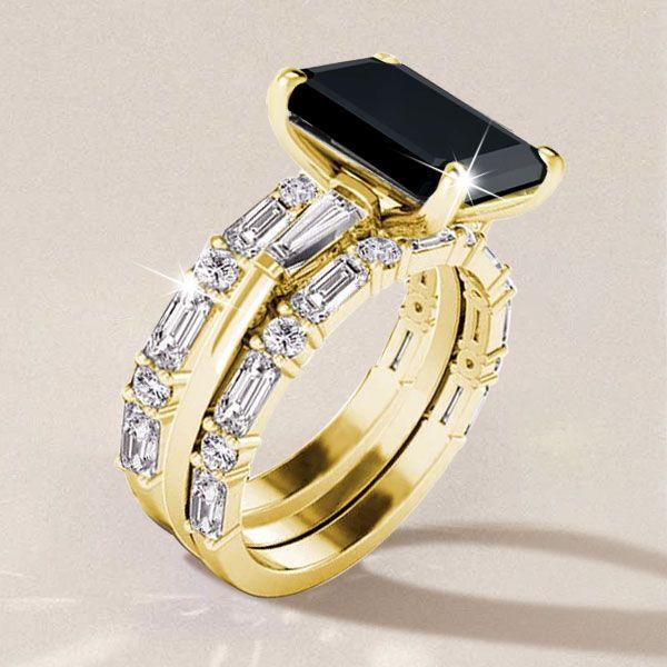 Black Emerald Cut Wedding Ring Set for Women - 925 Sterling Silver