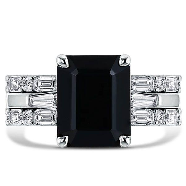 Black Emerald Cut Wedding Ring Set for Women - 925 Sterling Silver