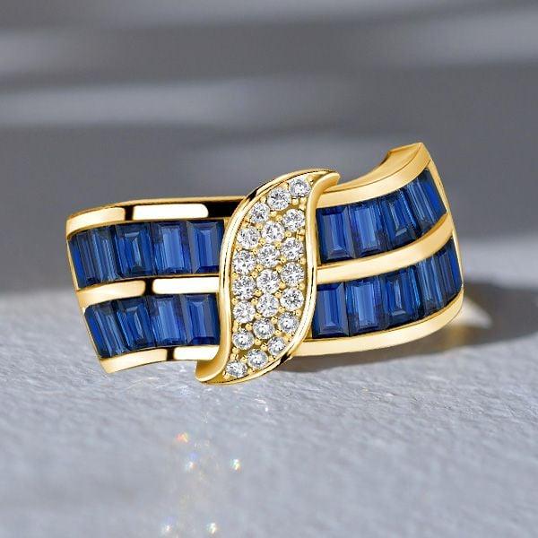 Baguette Cut Blue Sapphire Wide Band Ring in 18K Gold Plated Sterling Silver