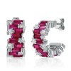 Baguette Cut Ruby and Sapphire Hoop Earrings in Rhodium Plated Sterling Silver
