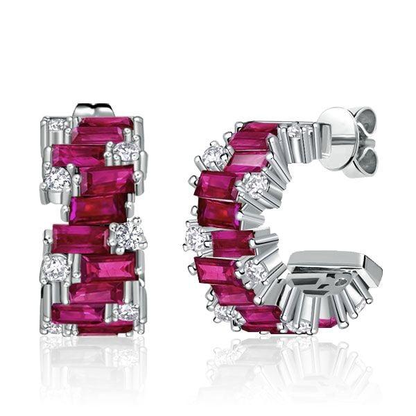 Baguette Cut Ruby and Sapphire Hoop Earrings in Rhodium Plated Sterling Silver
