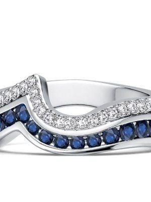 Two Row Channel Set Blue and White Sapphire Half Eternity Band Ring in Sterling Silver