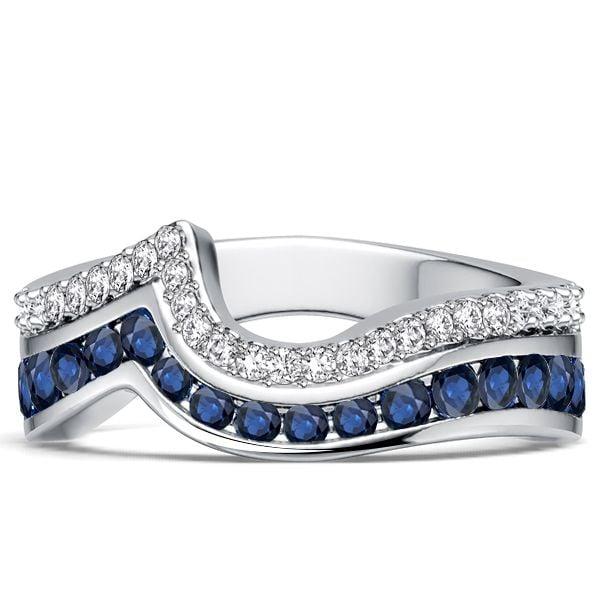 Two Row Channel Set Blue and White Sapphire Half Eternity Band Ring in Sterling Silver