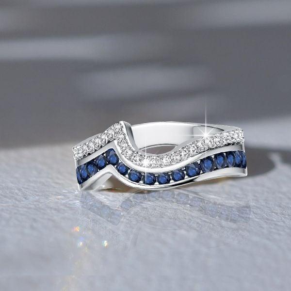 Two Row Channel Set Blue and White Sapphire Half Eternity Band Ring in Sterling Silver