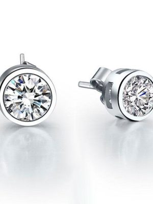 White Sapphire Stud Earrings - 925 Sterling Silver Bezel Set