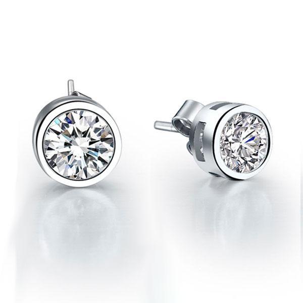 White Sapphire Stud Earrings - 925 Sterling Silver Bezel Set
