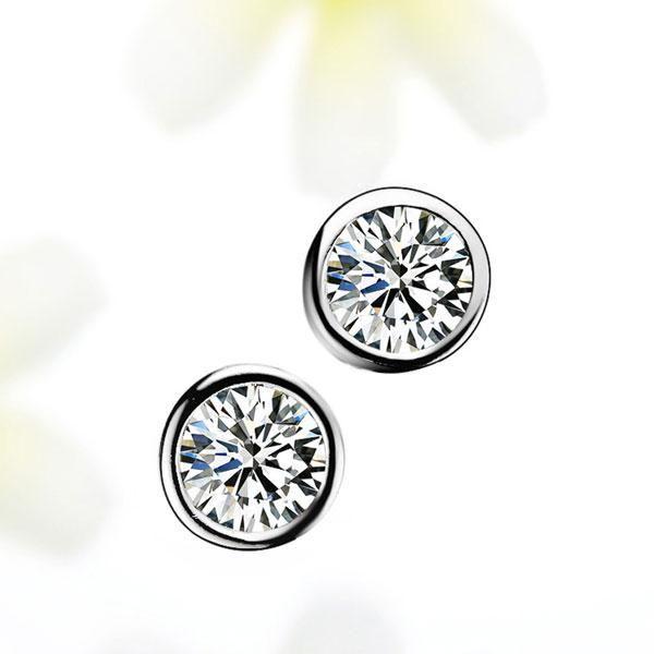 White Sapphire Stud Earrings - 925 Sterling Silver Bezel Set