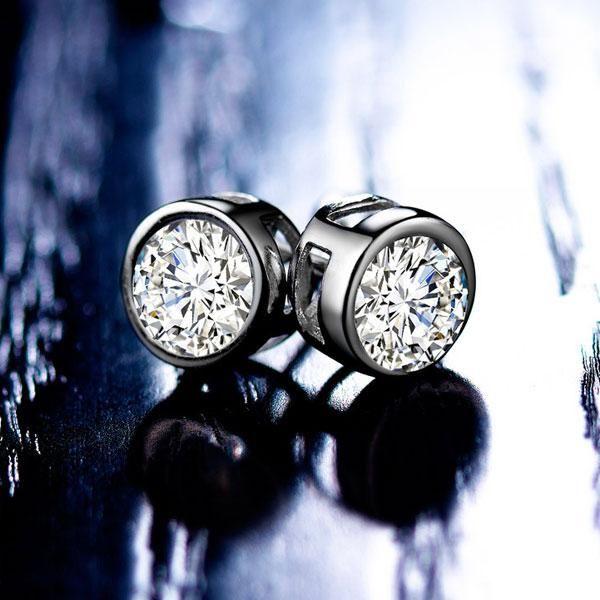 White Sapphire Stud Earrings - 925 Sterling Silver Bezel Set