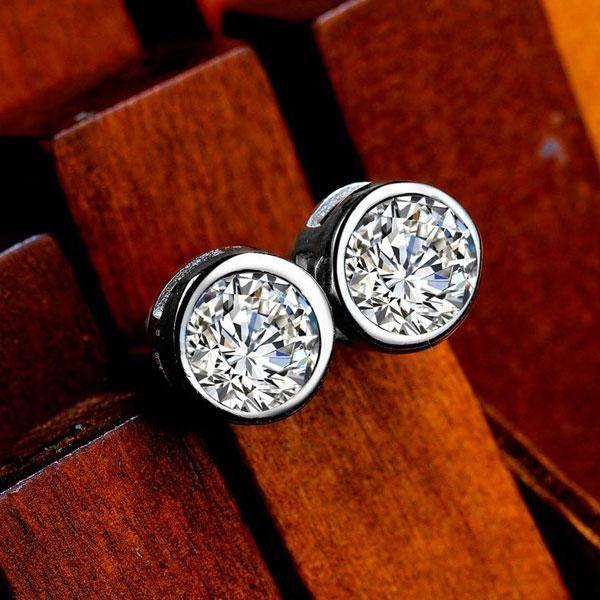 White Sapphire Stud Earrings - 925 Sterling Silver Bezel Set