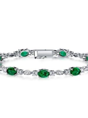 Oval Cut Emerald and Sapphire Tennis Bracelet in 925 Sterling Silver