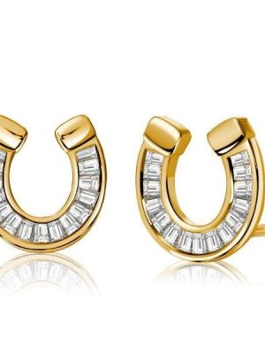 18K Gold Plated Sterling Silver Horseshoe Stud Earrings with Baguette Cut Stones