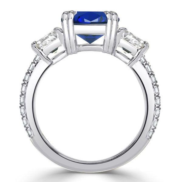 Three Stone Cushion Cut Sapphire Ring in Sterling Silver with Rhodium Plating