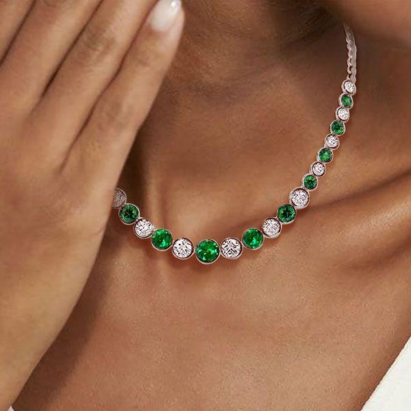 Emerald & Sapphire Bezel Set Tennis Necklace - Sterling Silver, 12.98 CT.TW