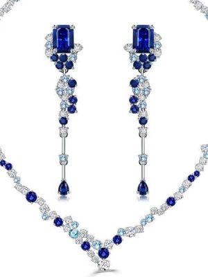 Sterling Silver Blue Sapphire Necklace and Earrings Jewelry Set with Emerald Cut Stones
