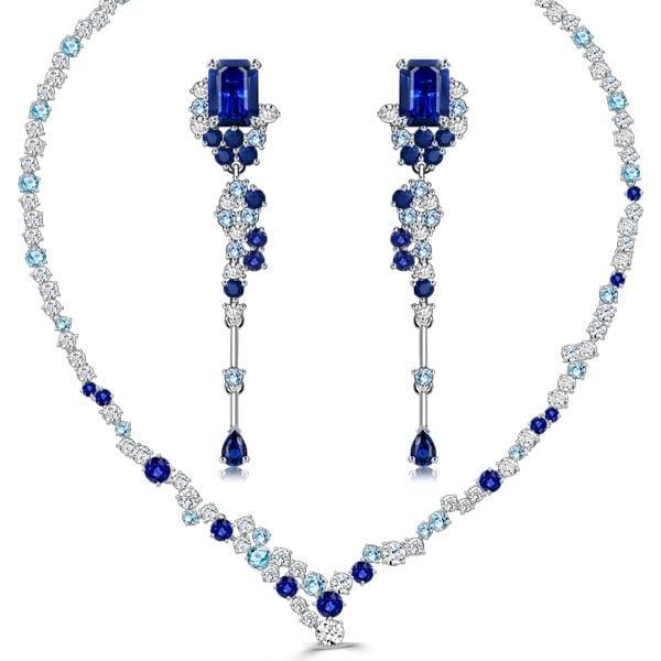 Sterling Silver Blue Sapphire Necklace and Earrings Jewelry Set with Emerald Cut Stones