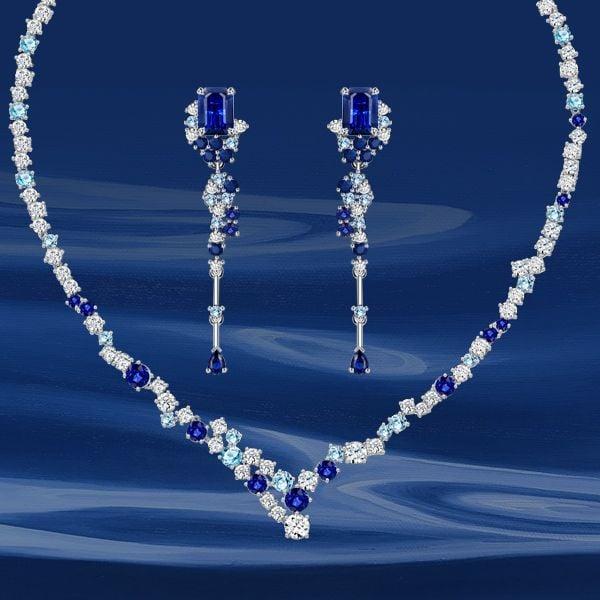 Sterling Silver Blue Sapphire Necklace and Earrings Jewelry Set with Emerald Cut Stones