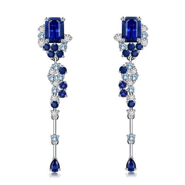 Sterling Silver Blue Sapphire Necklace and Earrings Jewelry Set with Emerald Cut Stones