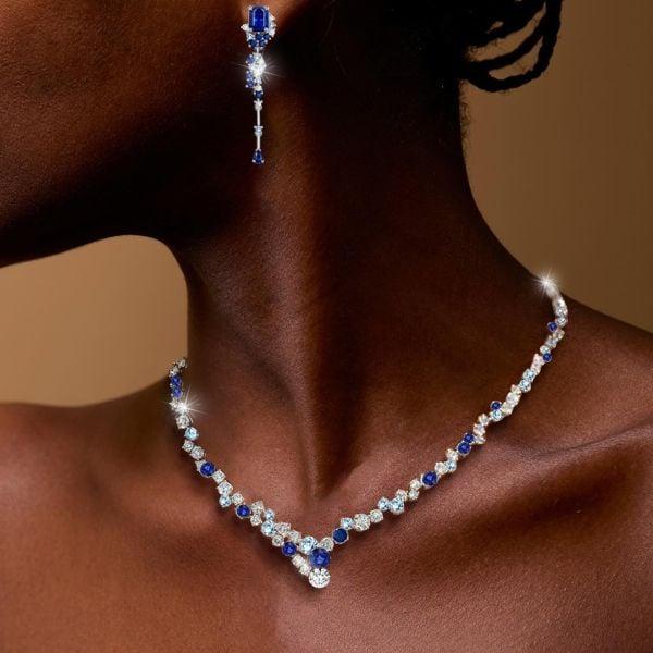 Sterling Silver Blue Sapphire Necklace and Earrings Jewelry Set with Emerald Cut Stones