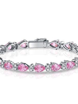 Sterling Silver Pear Shaped Pink Stone Tennis Bracelet for Women - Rhodium Plated