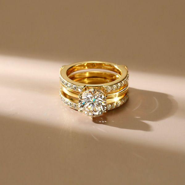Round Cut Engagement Ring Set - 18K Gold Plated Sterling Silver Enhancer Guard Rings