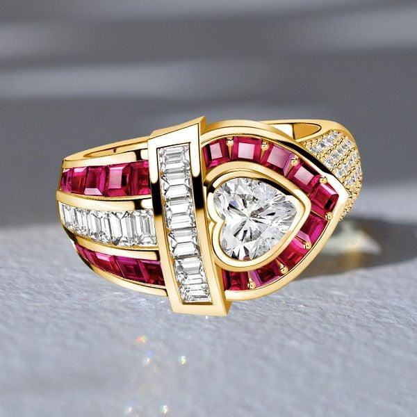 Vintage Heart Cut Ruby and Sapphire Engagement Ring in 925 Sterling Silver