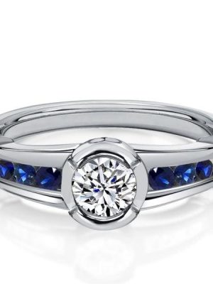 Blue and White Sapphire Bezel Setting Ring in 925 Sterling Silver
