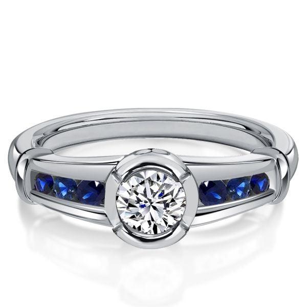 Blue and White Sapphire Bezel Setting Ring in 925 Sterling Silver