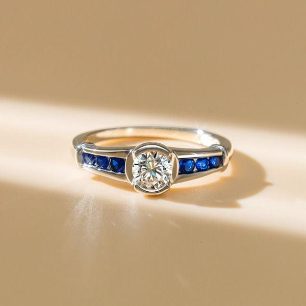 Blue and White Sapphire Bezel Setting Ring in 925 Sterling Silver